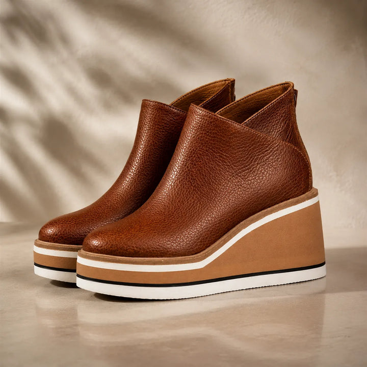 Chocolate Women's Wedge Ankle Boots with Round Toe & Side Zip Closure — Natalie - Product Side Pair