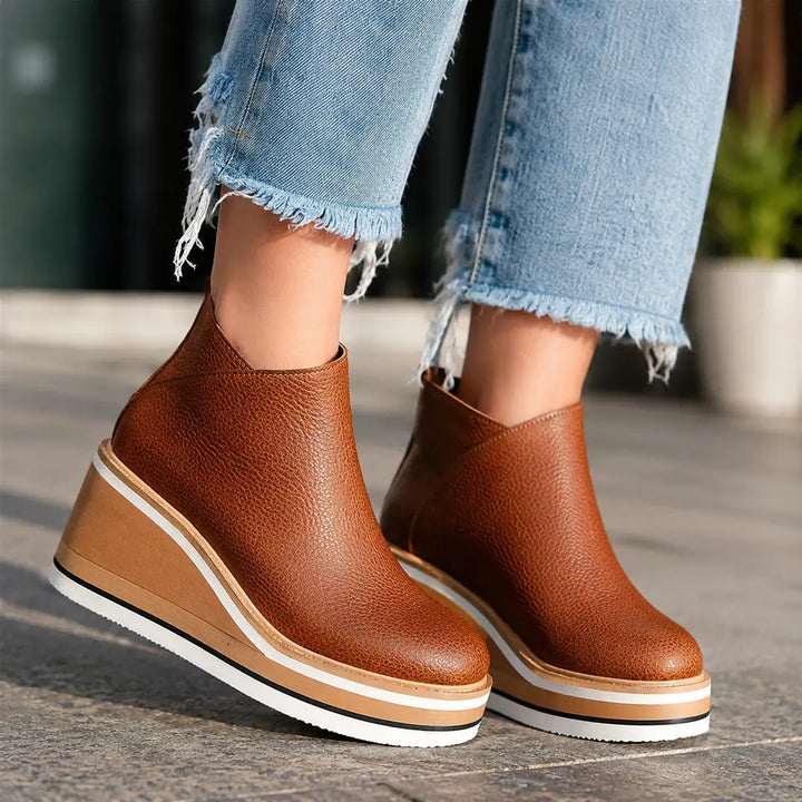 Chocolate Women's Wedge Ankle Boots with Round Toe & Side Zip Closure — Natalie