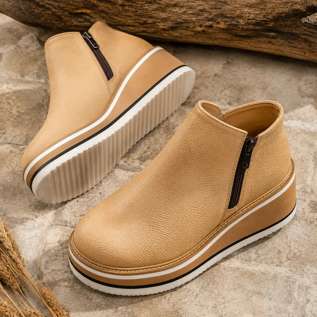 Gold Women's Wedge Ankle Boots with Round Toe & Side Zip Closure — Natalie - Outdoor Pair