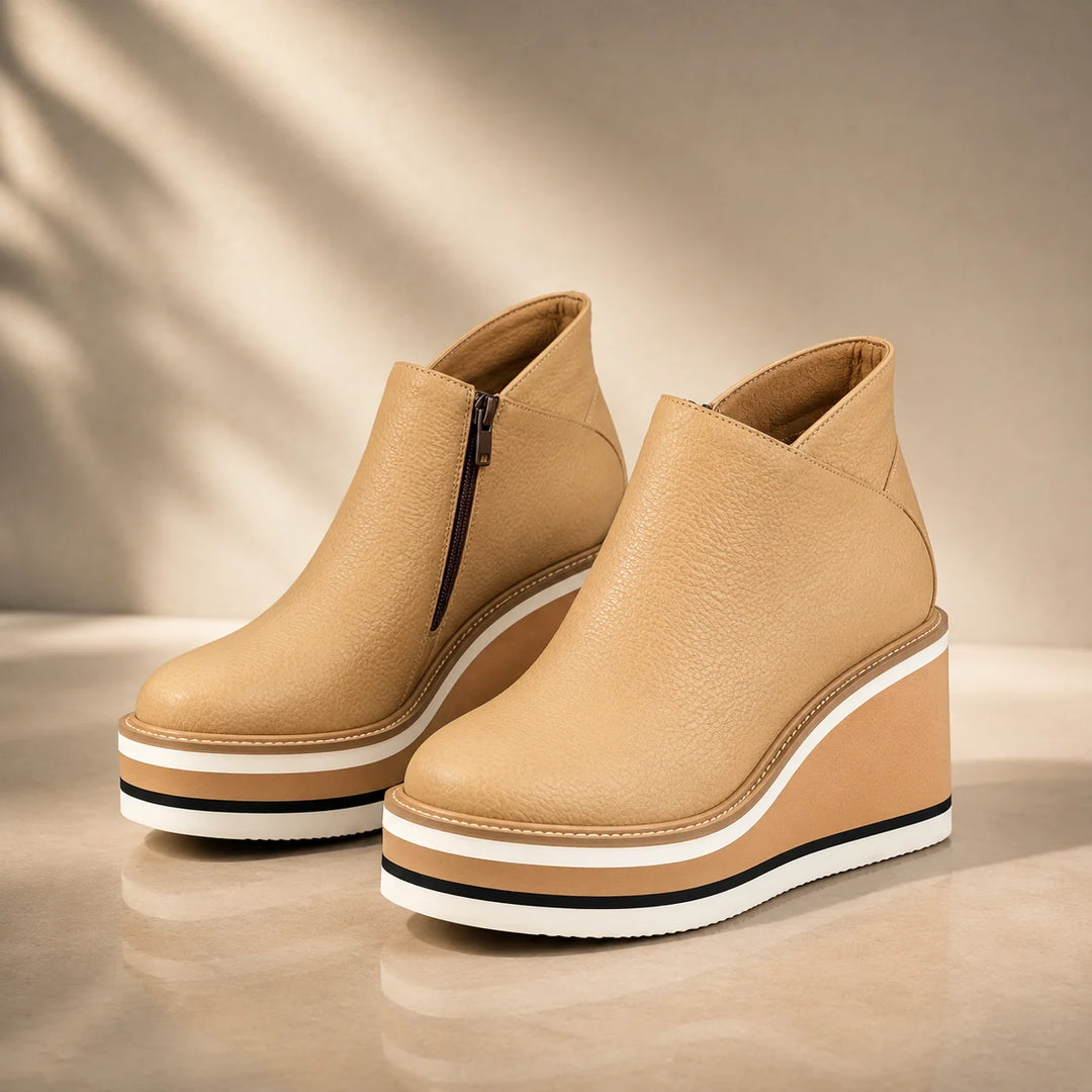 Gold Women's Wedge Ankle Boots with Round Toe & Side Zip Closure — Natalie - Product Front Pair