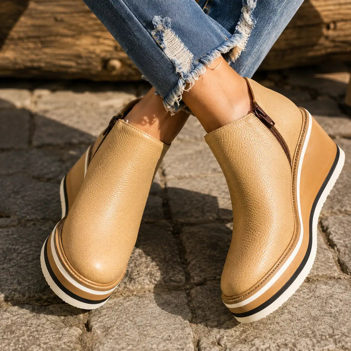 Gold Women's Wedge Ankle Boots with Round Toe & Side Zip Closure — Natalie