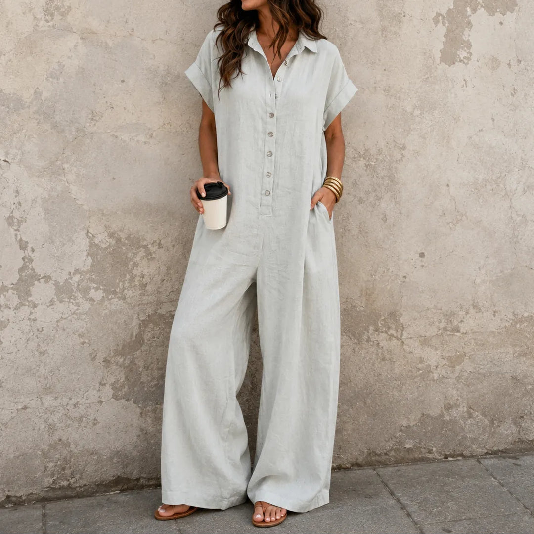 Light Gray Women's Wide Leg Jumpsuit in Crinkle Linen with Button-Front Collar