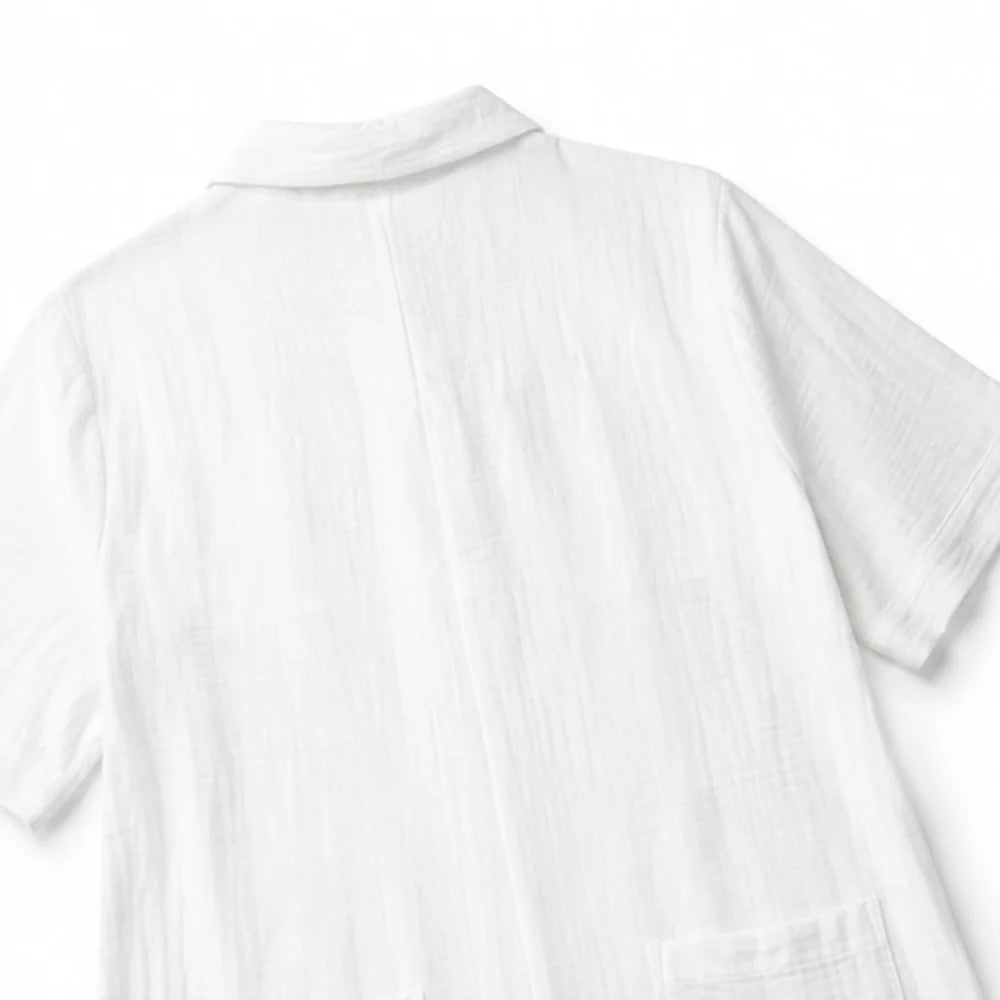 White Women's Wide Leg Jumpsuit in Crinkle Linen with Button-Front Collar — Halle - Back Collar Detail
