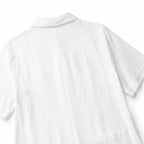 White Women's Wide Leg Jumpsuit in Crinkle Linen with Button-Front Collar — Halle - Back Collar Detail