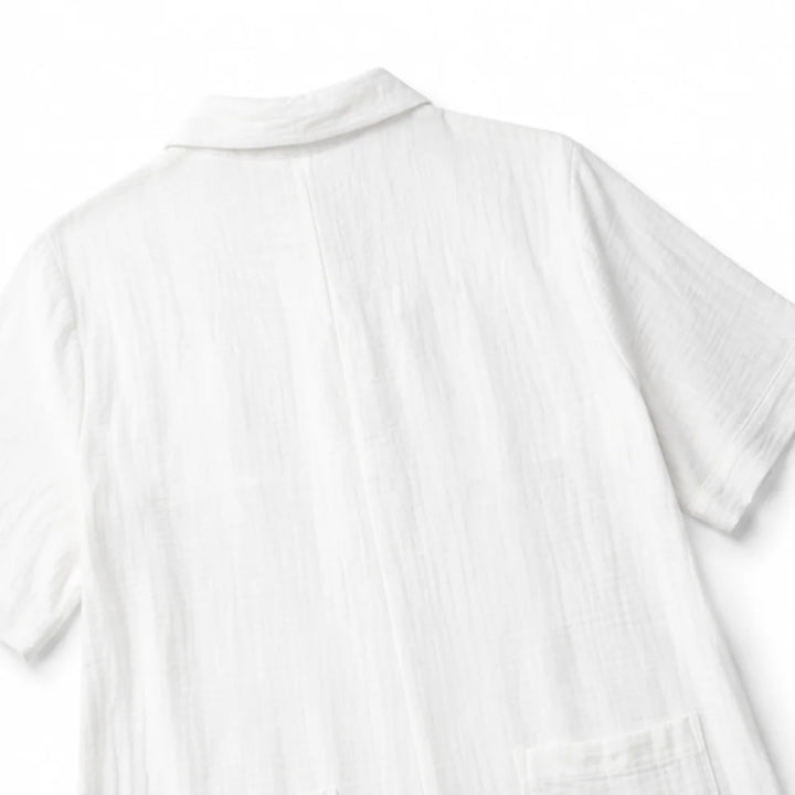 White Women's Wide Leg Jumpsuit in Crinkle Linen with Button-Front Collar — Halle - Back Collar Detail
