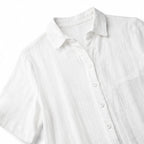 White Women's Wide Leg Jumpsuit in Crinkle Linen with Button-Front Collar — Halle - Close Up Collar Buttons