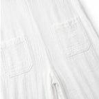 White Women's Wide Leg Jumpsuit in Crinkle Linen with Button-Front Collar — Halle - Close Up Pockets