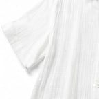 White Women's Wide Leg Jumpsuit in Crinkle Linen with Button-Front Collar — Halle - Close Up Sleeve