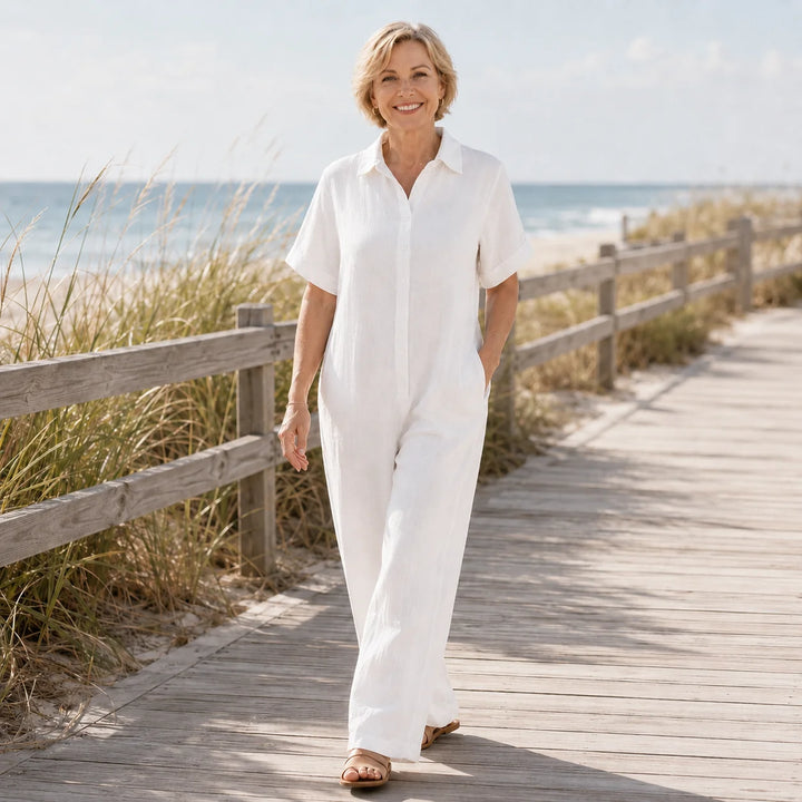 White Women's Wide Leg Jumpsuit in Crinkle Linen with Button-Front Collar — Halle - Front Full Beach