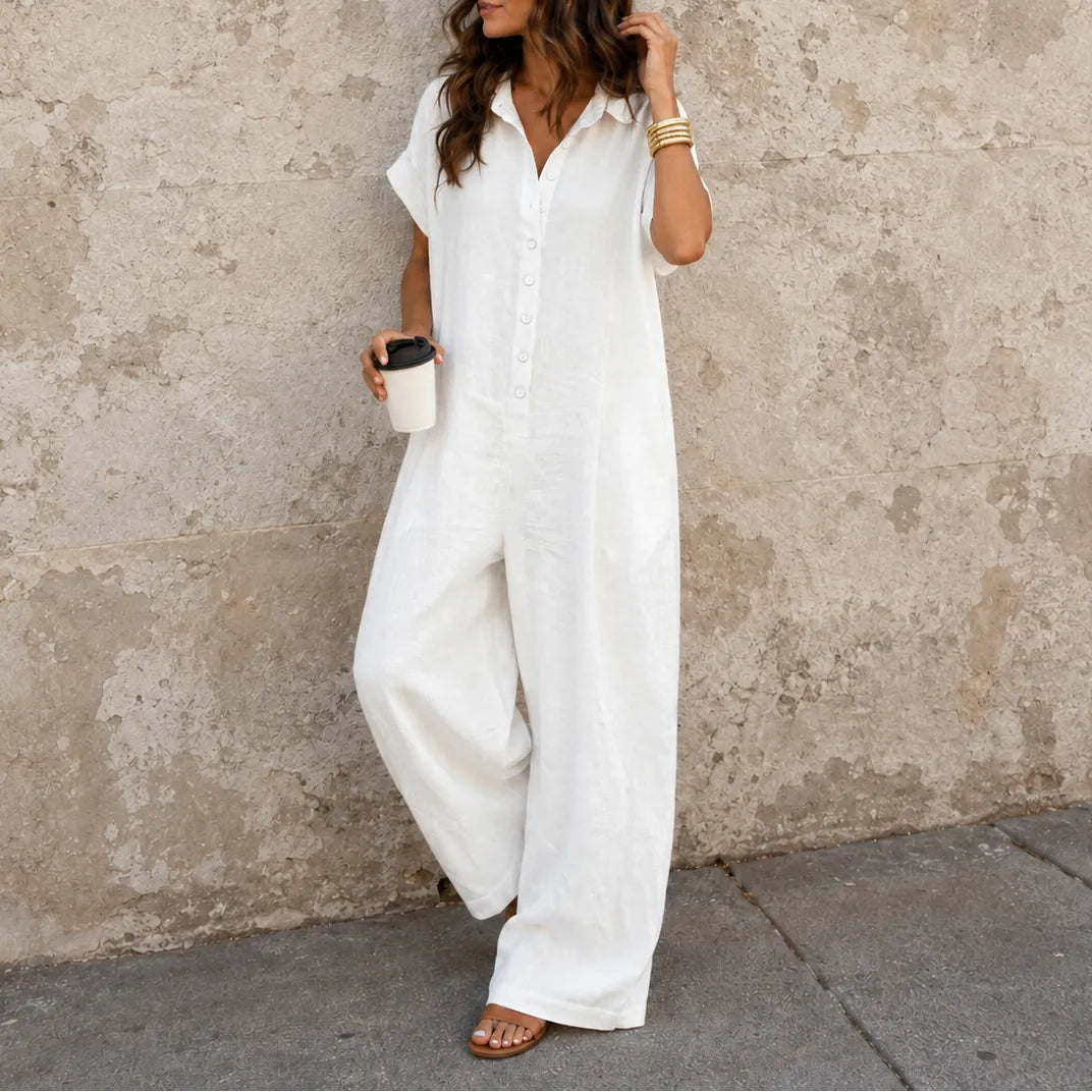 White Women's Wide Leg Jumpsuit in Crinkle Linen with Button-Front Collar — Halle