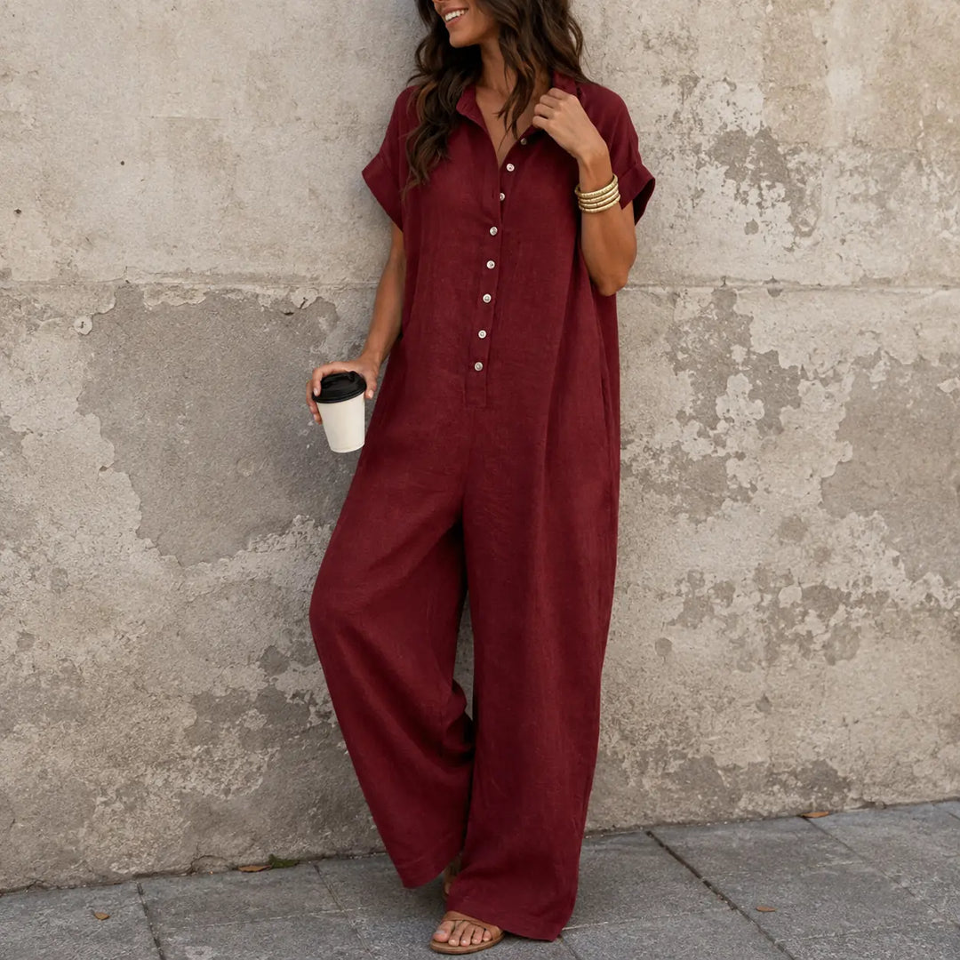 Wine Red Women's Wide Leg Jumpsuit in Crinkle Linen with Button-Front Collar