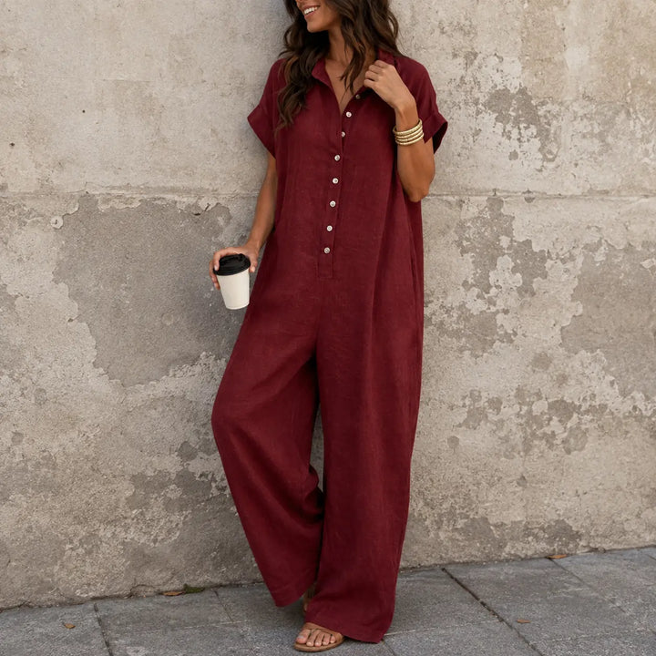 Wine Red Women's Wide Leg Jumpsuit in Crinkle Linen with Button-Front Collar