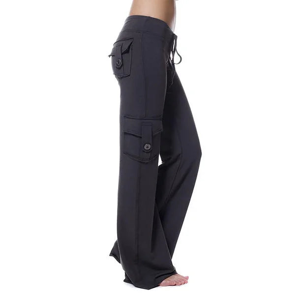 Black Women's Cargo Pants with Wide-Leg Fit & Stretch Comfort Waistband — Posy - Side Profile Standing
