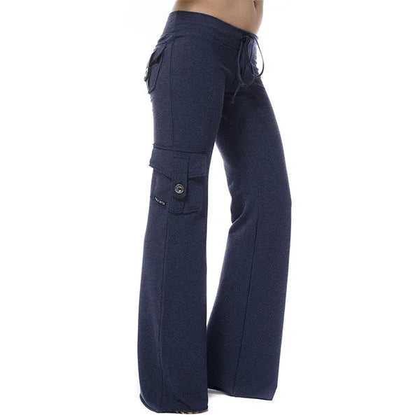 Blue Women's Cargo Pants with Wide-Leg Fit & Stretch Comfort Waistband