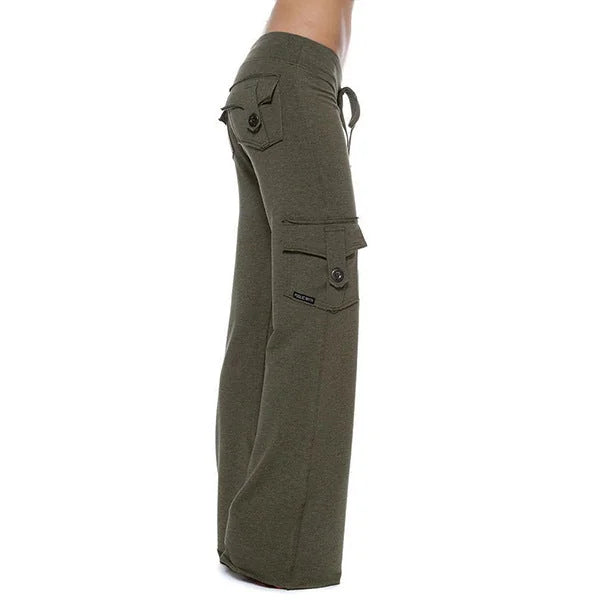 Green Women's Cargo Pants with Wide-Leg Fit & Stretch Comfort Waistband