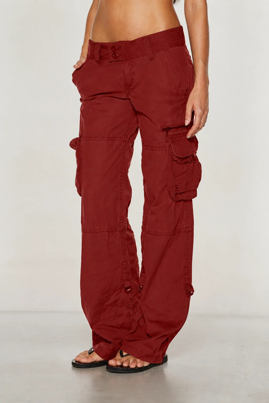 Burgundy Women's Relaxed Fit Wide-Leg Cargo Pants with Utility Pockets