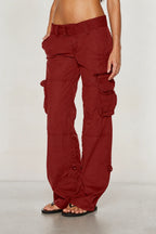 Burgundy Women's Relaxed Fit Wide-Leg Cargo Pants with Utility Pockets