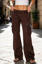 Dark Brown Women's Relaxed Fit Wide-Leg Cargo Pants with Utility Pockets