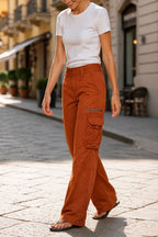 Orange Women's Relaxed Fit Wide-Leg Cargo Pants with Utility Pockets