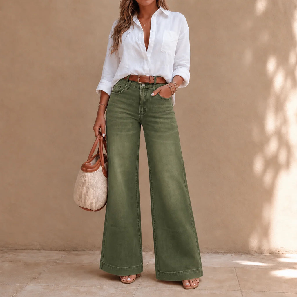 Olive Green Women's Wide Leg Jeans with High-Rise Waist & Relaxed Drape