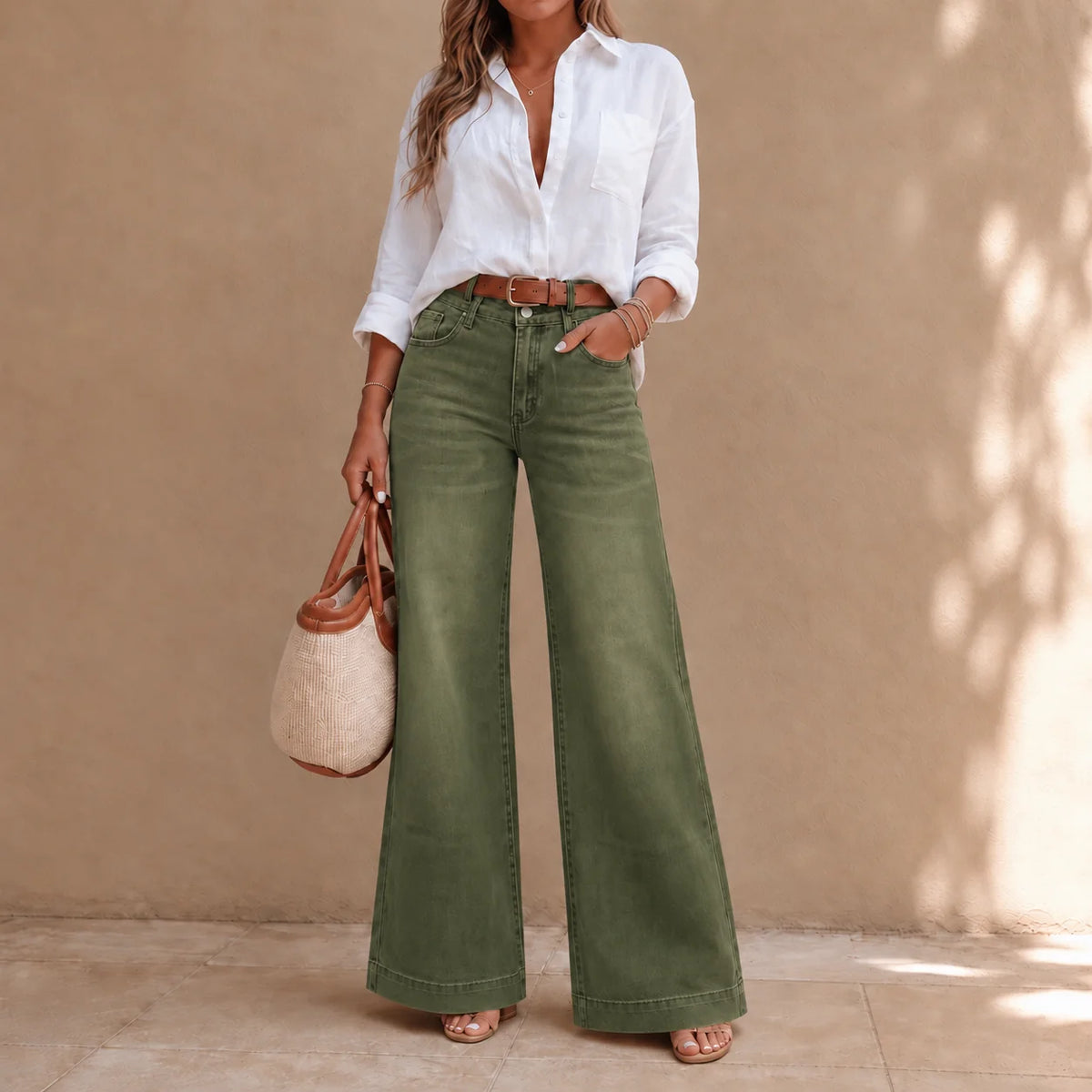 Olive Green Women's Wide Leg Jeans with High-Rise Waist & Relaxed Drape