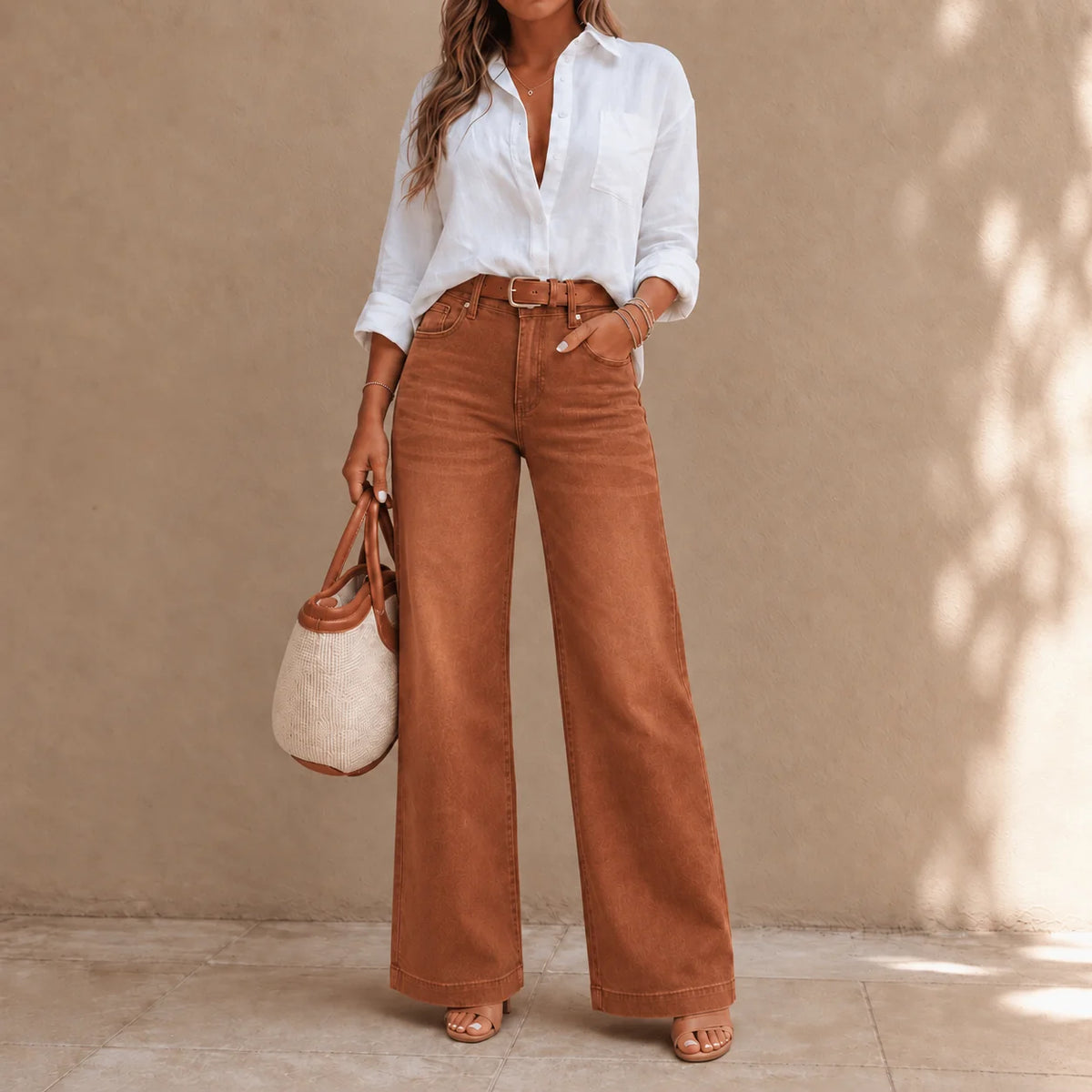 Rust Brown Women's Wide Leg Jeans with High-Rise Waist & Relaxed Drape