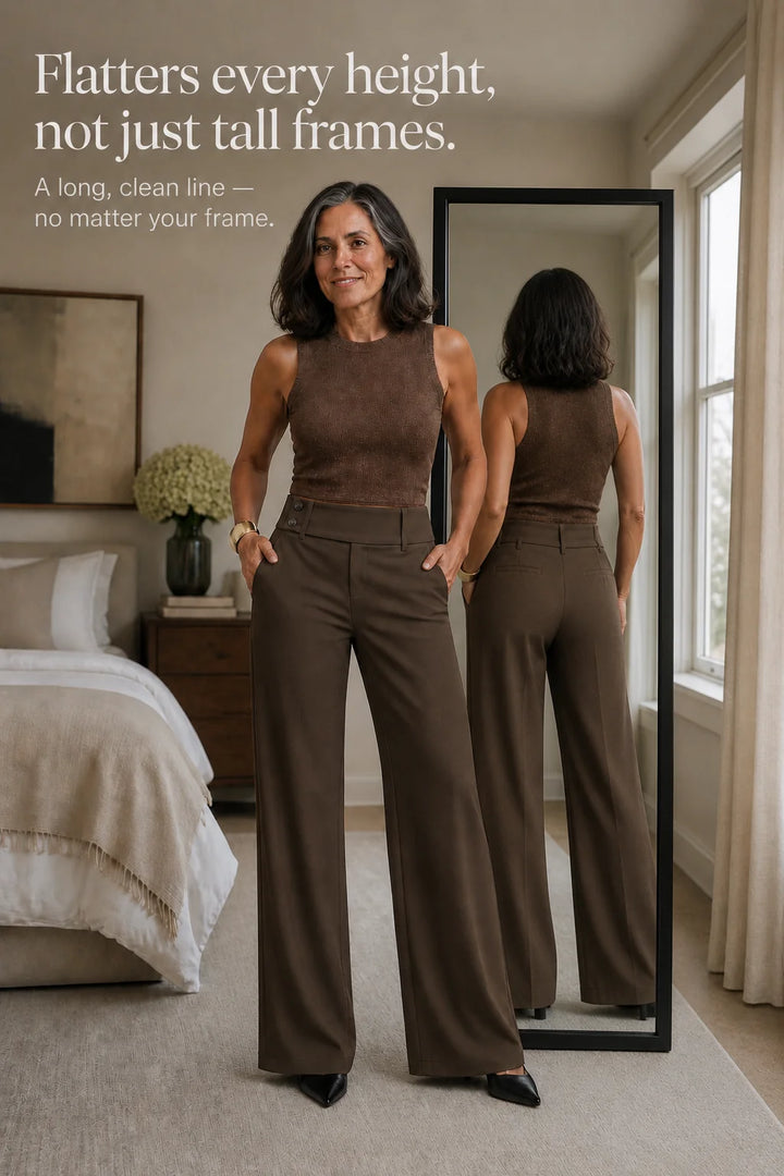 Women's High-Waisted Wide Leg Trousers with Structured Tailored Fit - Mirror Pose