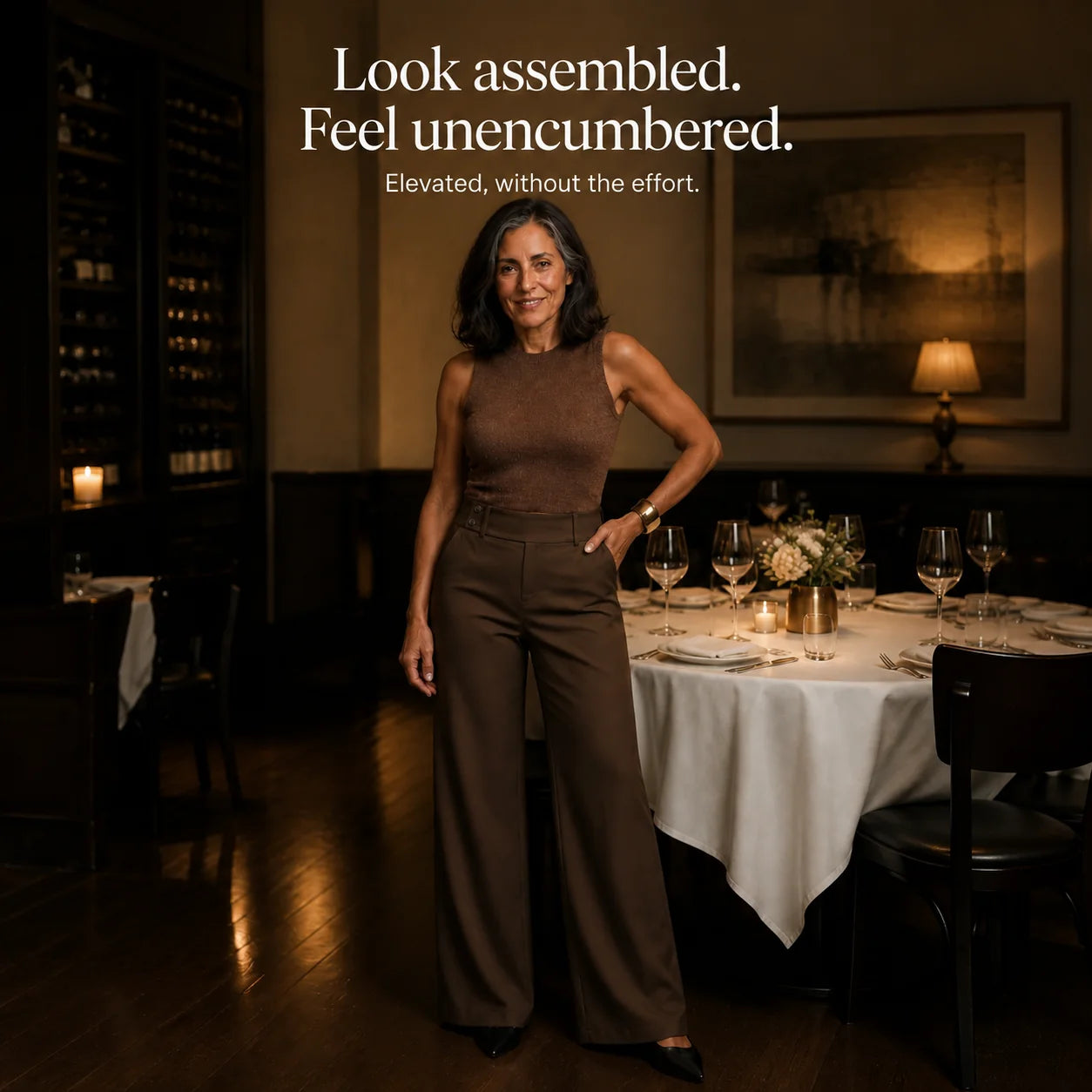 Women's High-Waisted Wide Leg Trousers with Structured Tailored Fit - Standing Restaurant