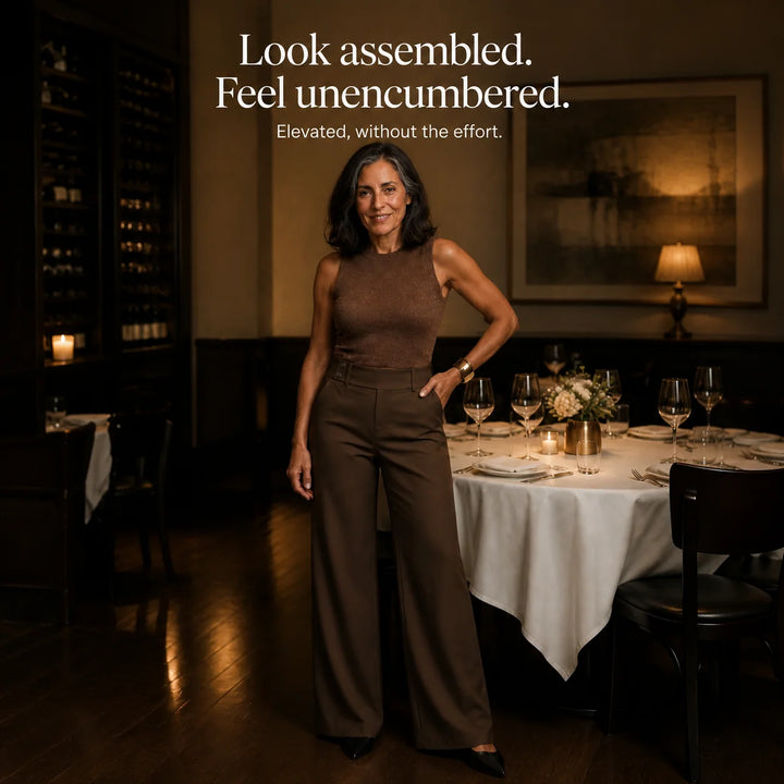 Women's High-Waisted Wide Leg Trousers with Structured Tailored Fit - Standing Restaurant