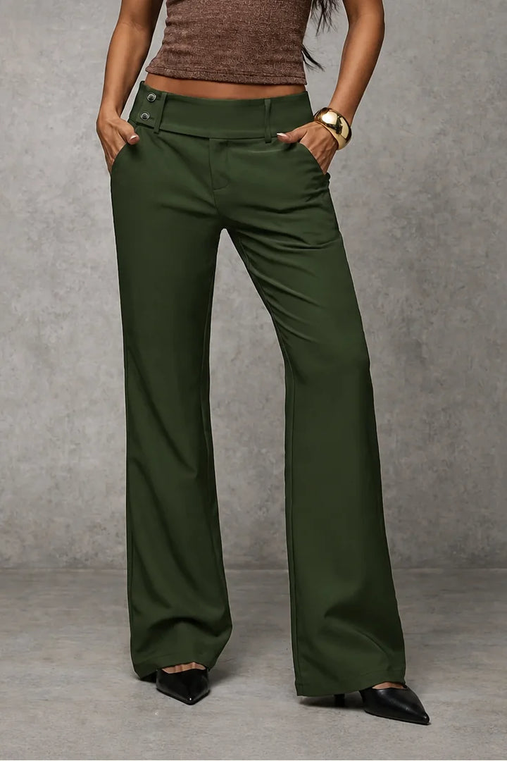 Olive Green Women's High-Waisted Wide Leg Trousers with Structured Tailored Fit