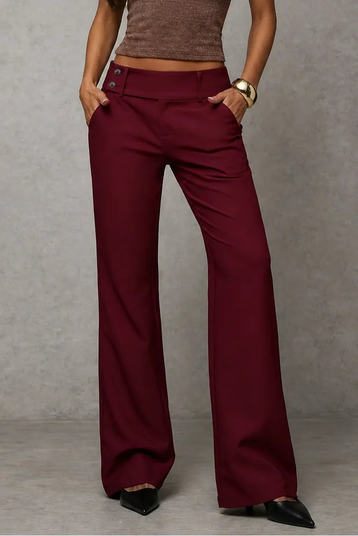 Wine Red Women's High-Waisted Wide Leg Trousers with Structured Tailored Fit