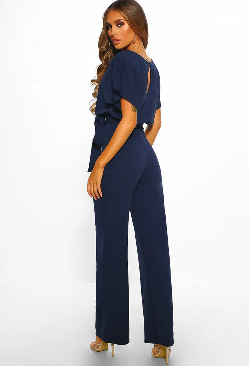 Dark Blue Women's Wide Leg Jumpsuit with Relaxed Batwing Sleeves & Tie Waist — Winnie - Back Studio Pose