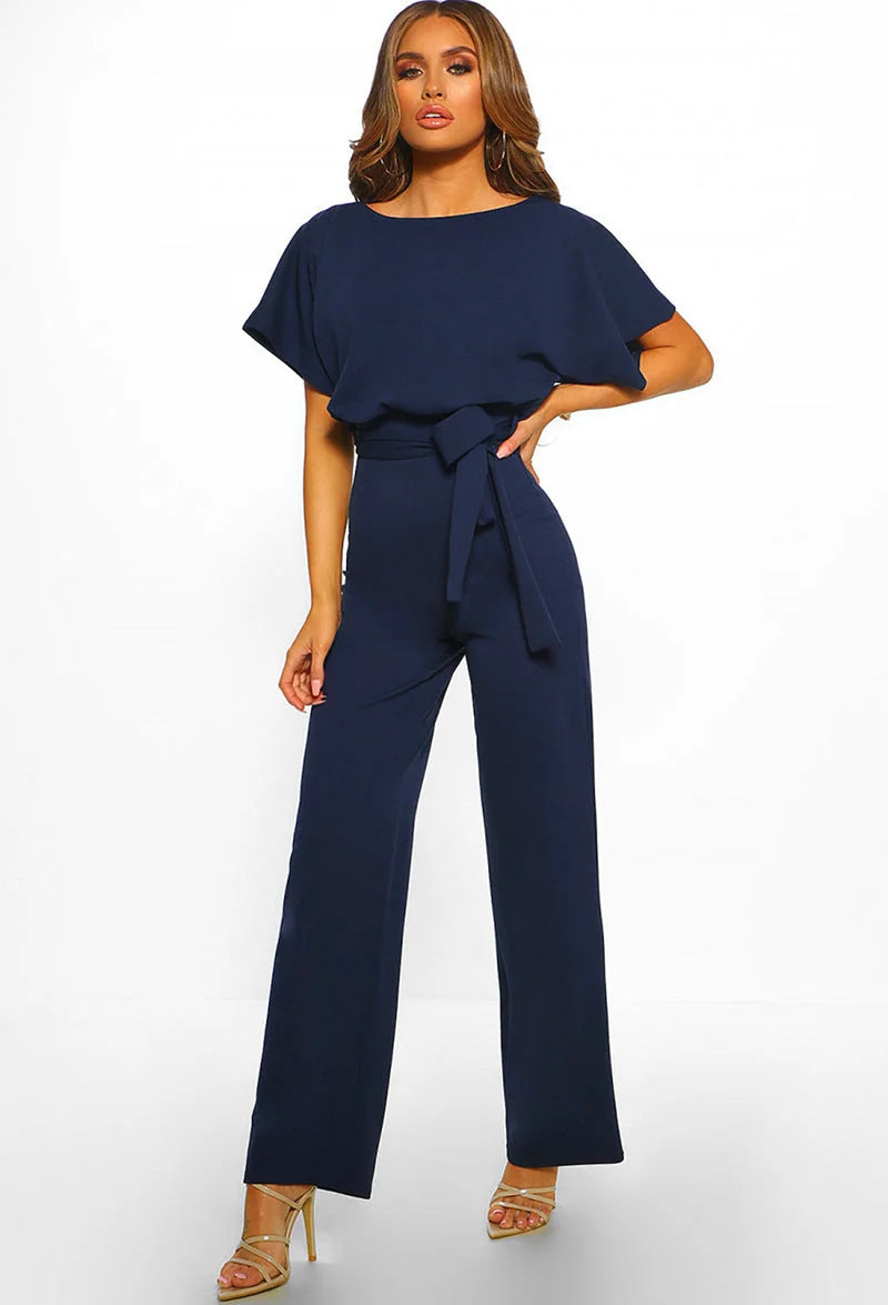 Dark Blue Women's Wide Leg Jumpsuit with Relaxed Batwing Sleeves & Tie Waist — Winnie - Front Studio