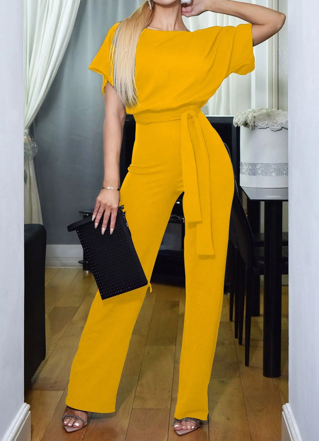 Yellow Women's Wide Leg Jumpsuit with Relaxed Batwing Sleeves & Tie Waist — Winnie