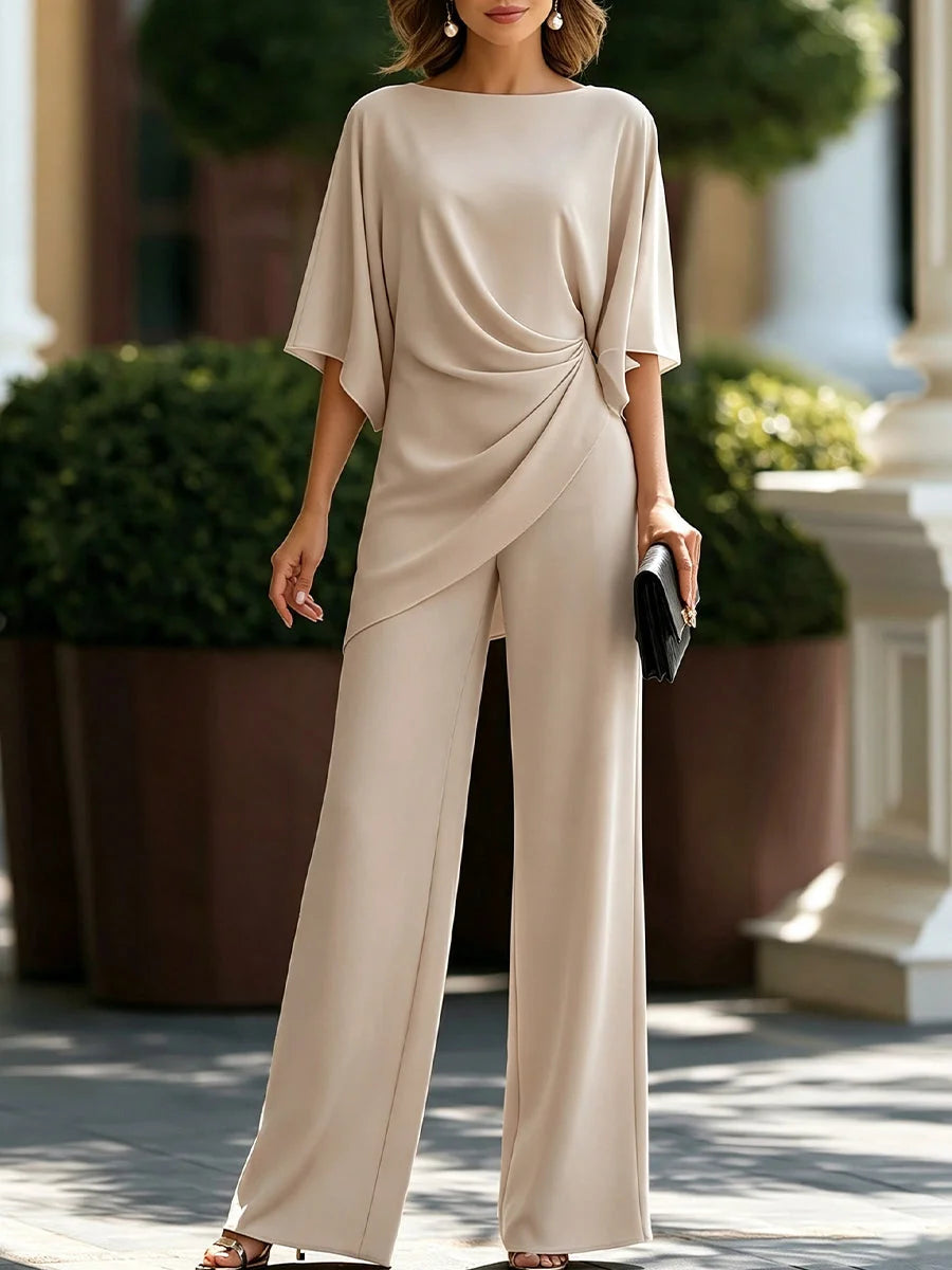 Beige Women's Wide Leg Pants Set with Cape Sleeve Top & High-Waisted Trousers