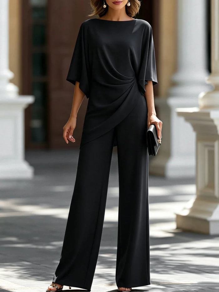Black Women's Wide Leg Pants Set with Cape Sleeve Top & High-Waisted Trousers