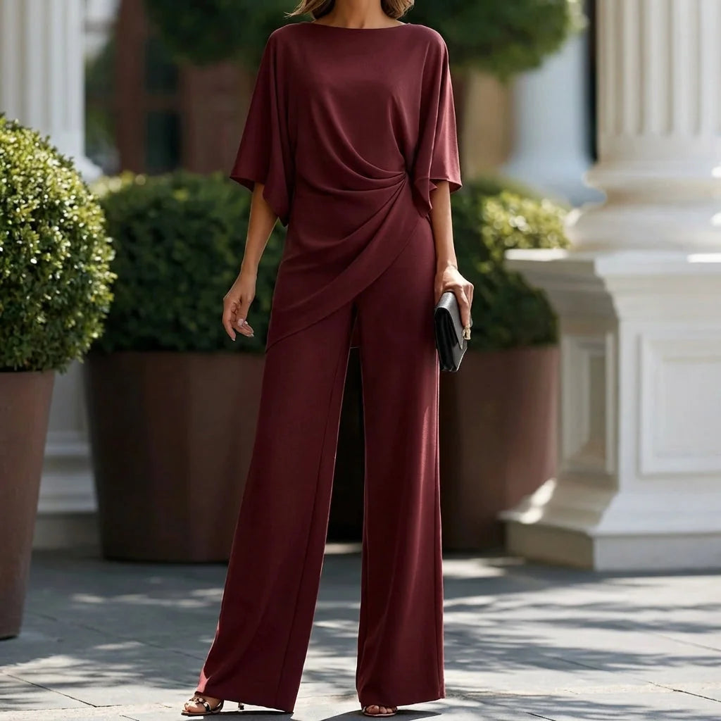 Women's Wide Leg Pants Set with Cape Sleeve Top & High-Waisted Trousers - Front Full Length