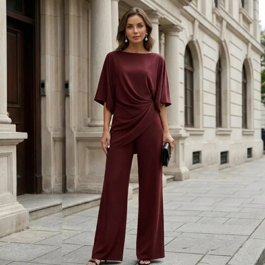 Burgundy Women's Wide Leg Pants Set with Cape Sleeve Top & High-Waisted Trousers - Front Pose
