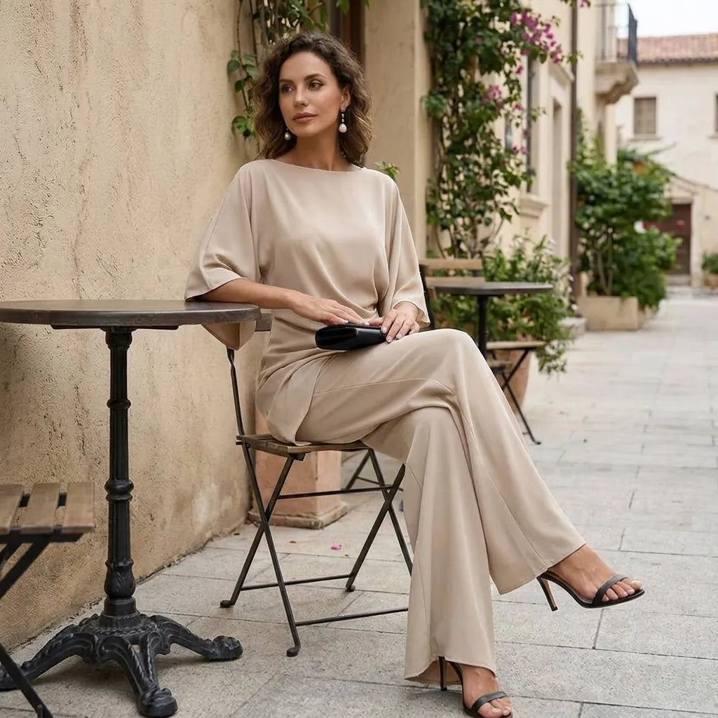 Women's Wide Leg Pants Set with Cape Sleeve Top & High-Waisted Trousers - Seated Lifestyle