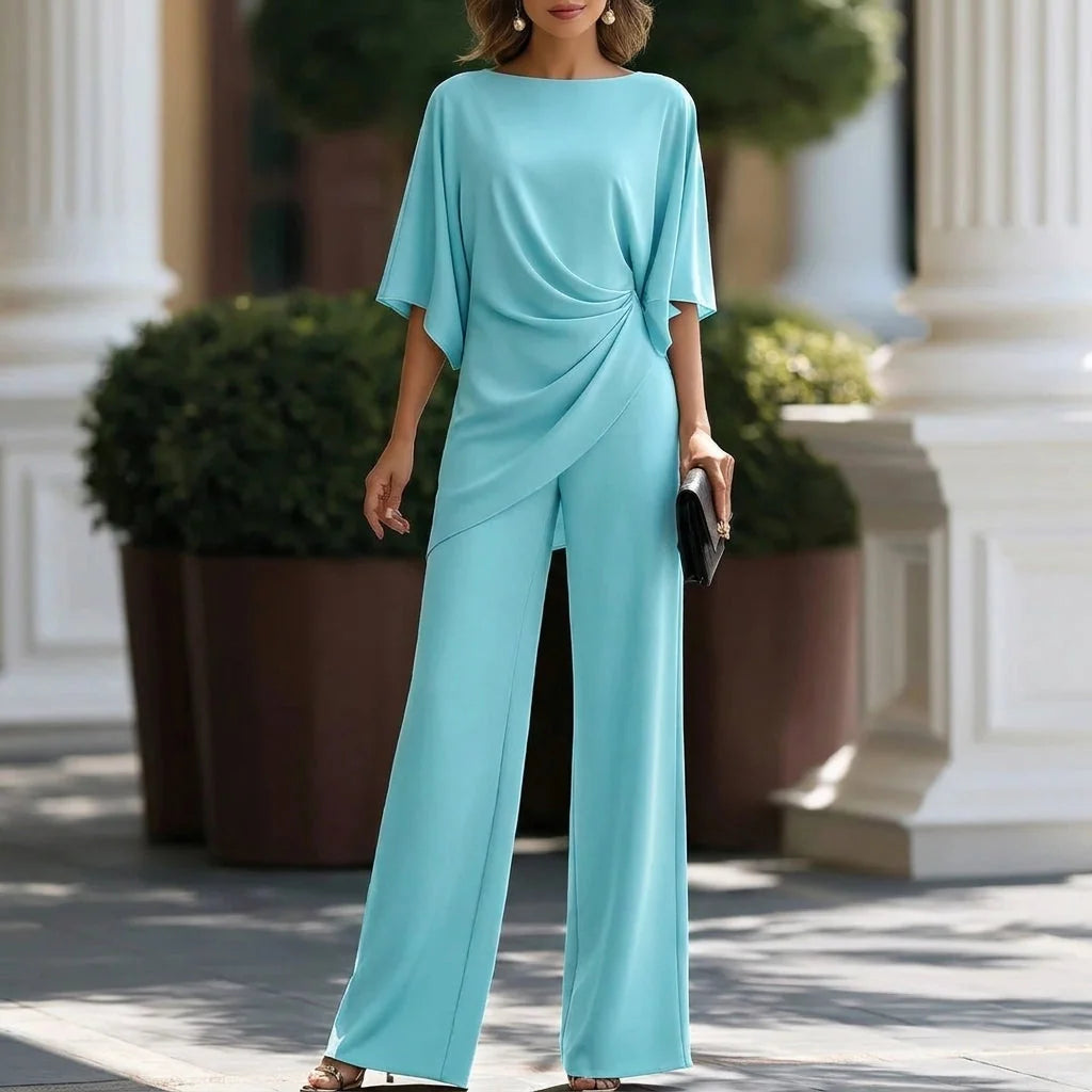 Women's Wide Leg Pants Set with Cape Sleeve Top & High-Waisted Trousers - Outdoor Pose