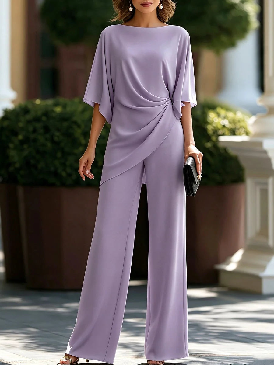 Lilac Women's Wide Leg Pants Set with Cape Sleeve Top & High-Waisted Trousers - Front View