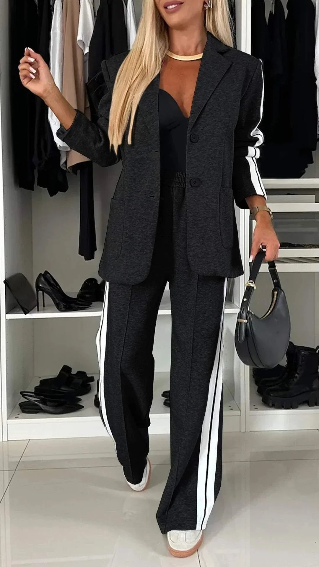 Black Women's Striped Pantsuit with Oversized Blazer & Wide-Leg Pants — Dora