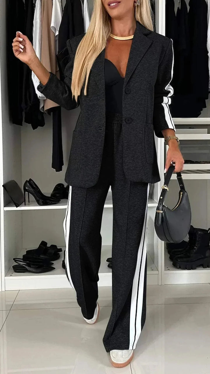 Black Women's Striped Pantsuit with Oversized Blazer & Wide-Leg Pants — Dora