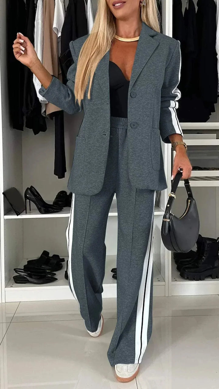 Dark Gray Women's Striped Pantsuit with Oversized Blazer & Wide-Leg Pants — Dora