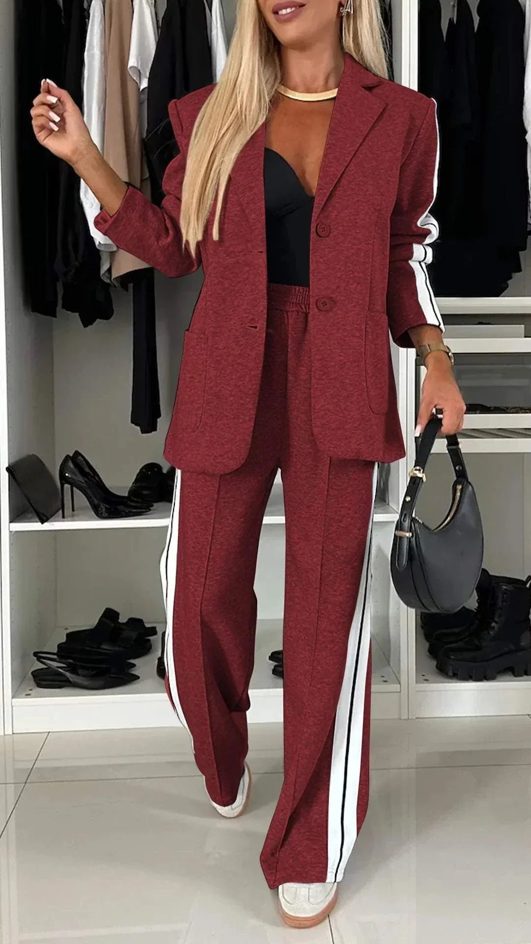 Dark Women's Striped Pantsuit with Oversized Blazer & Wide-Leg Pants — Dora - Red
