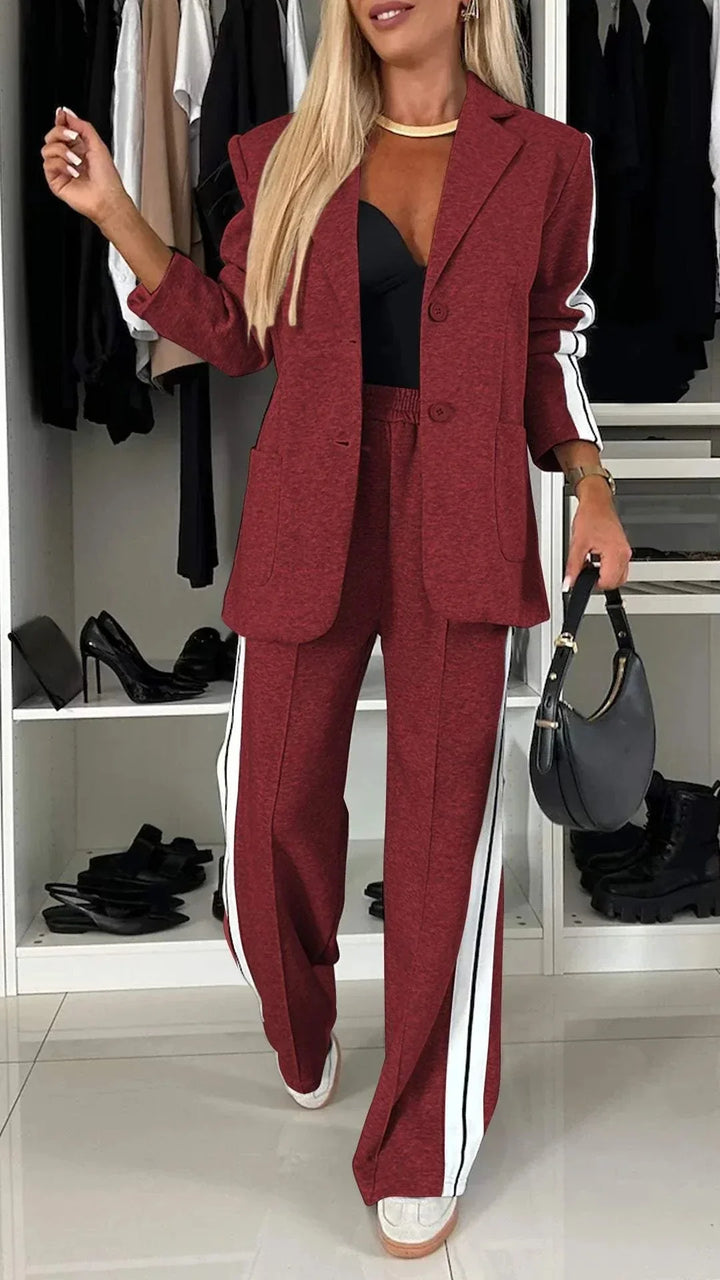 Dark Women's Striped Pantsuit with Oversized Blazer & Wide-Leg Pants — Dora - Red