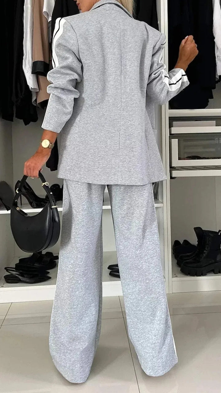 Gray Women's Striped Pantsuit with Oversized Blazer & Wide-Leg Pants — Dora - Back Full