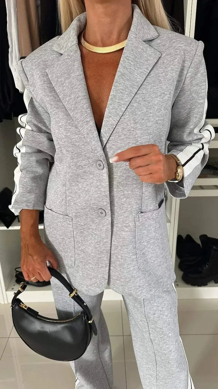 Gray Women's Striped Pantsuit with Oversized Blazer & Wide-Leg Pants — Dora - Close Up Jacket