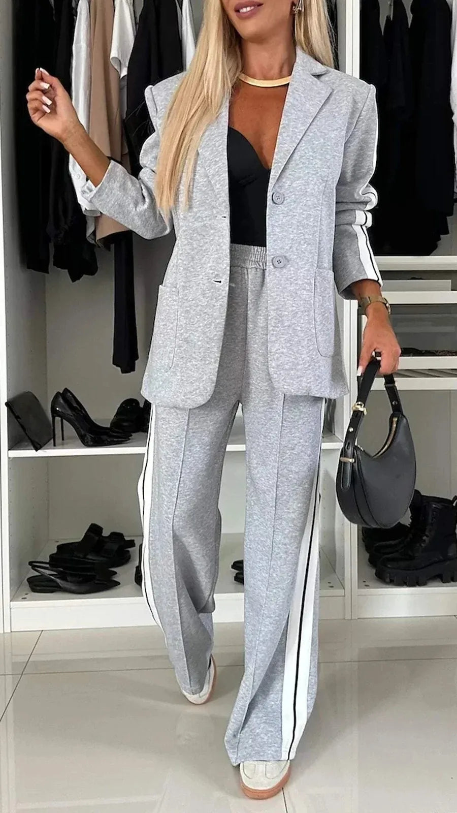 Gray Women's Striped Pantsuit with Oversized Blazer & Wide-Leg Pants — Dora