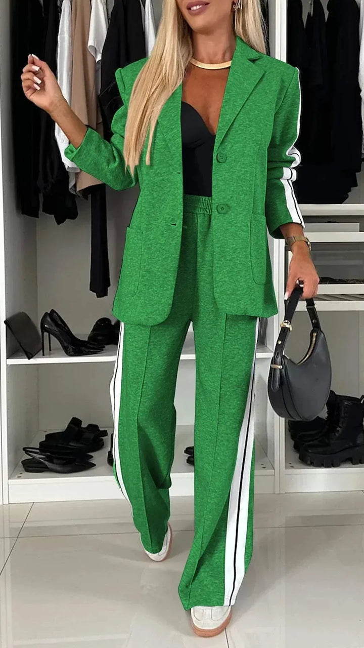 Green Women's Striped Pantsuit with Oversized Blazer & Wide-Leg Pants — Dora